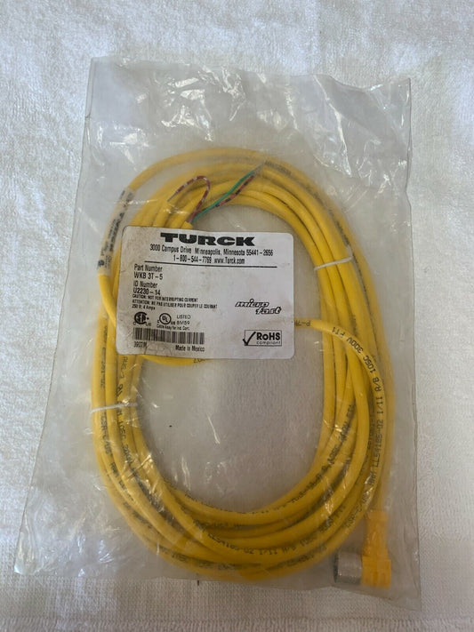 Turck WKB 3T-5 Connector; Cordset; Right Angle; Yellow; 5 mm; 22 AWG; Brass; 4 A