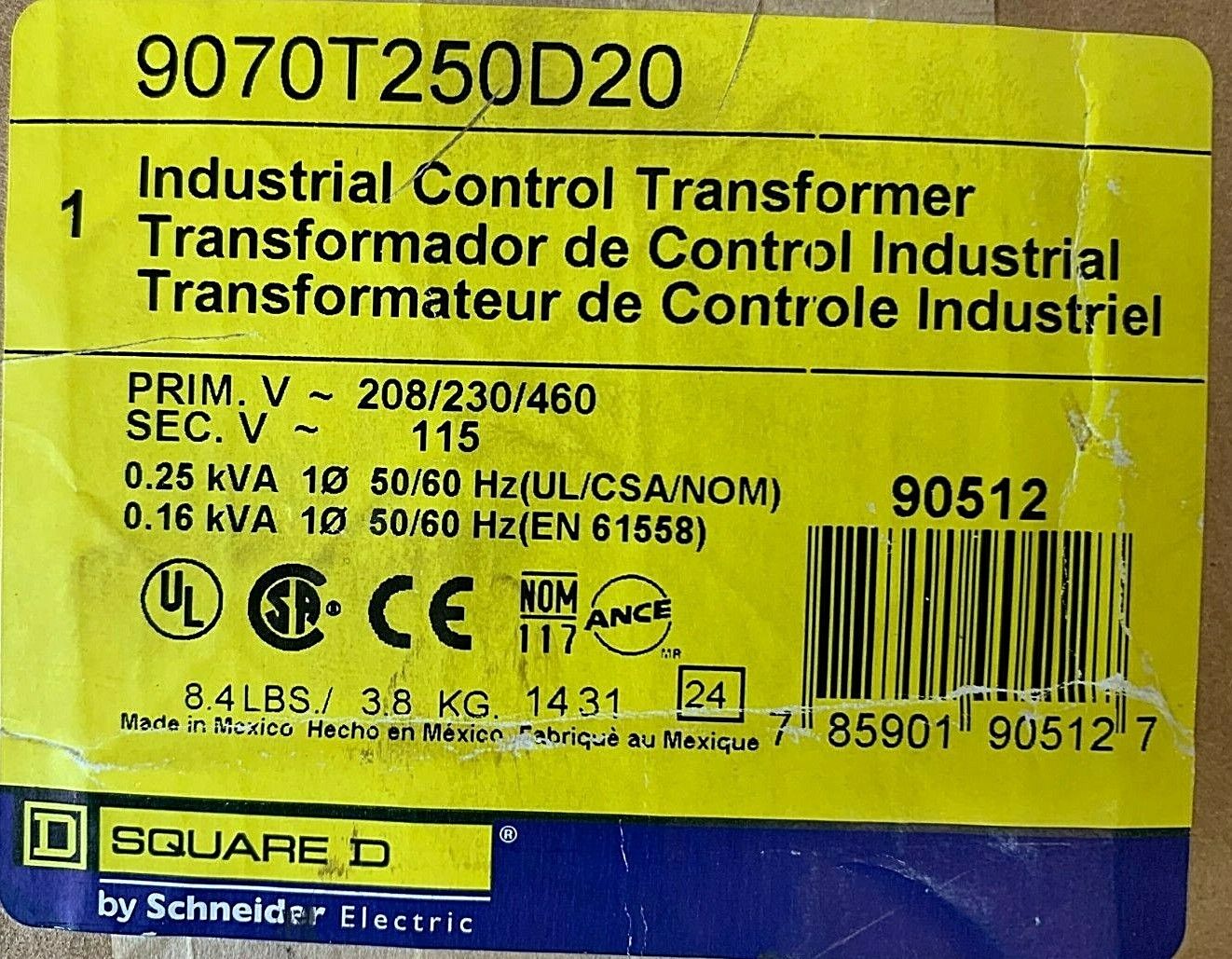 Square D Control Transformer 9070T250D20 ,