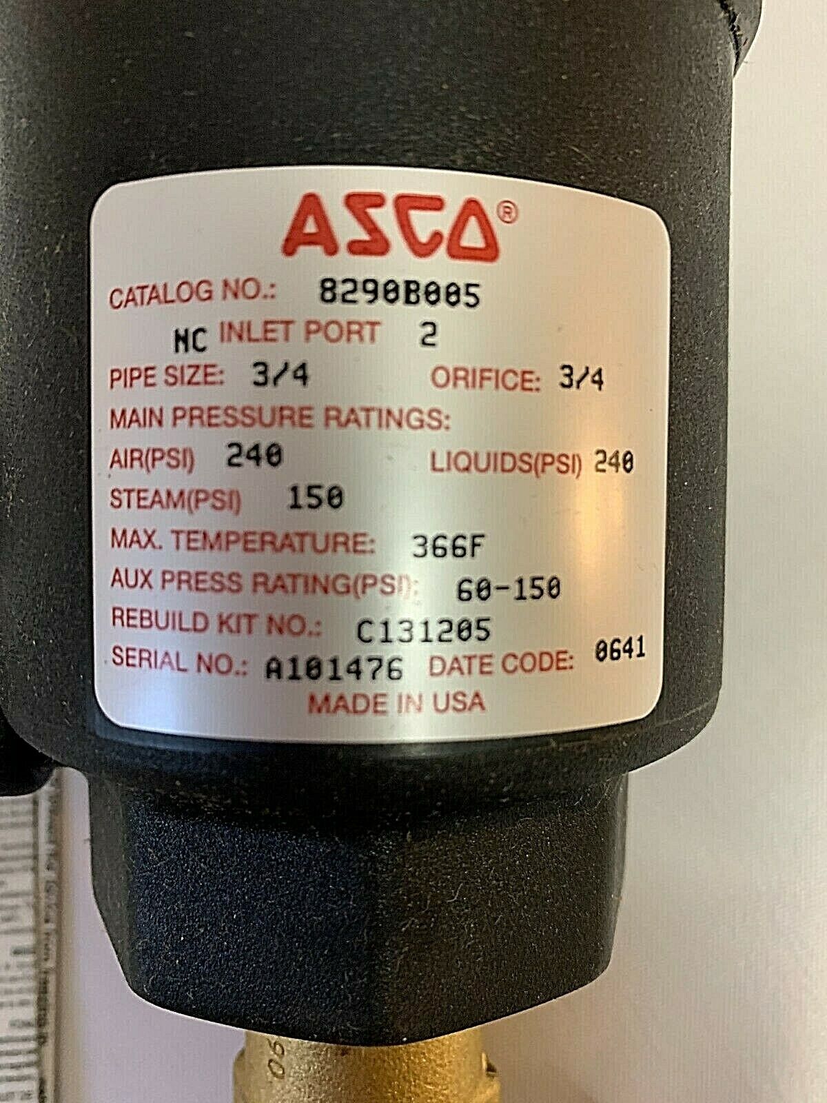 Valve, piston, angle body, 3/4FNPT, bronze, "ASCO" 8290B005