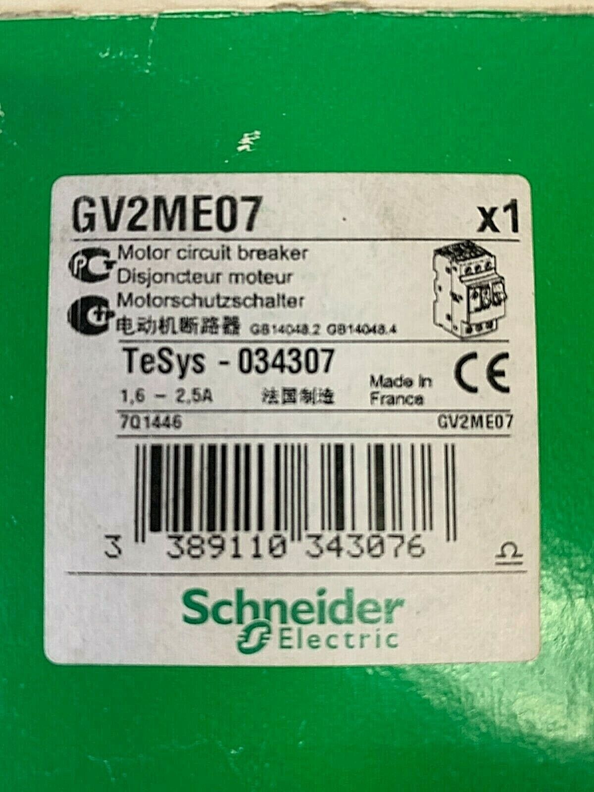 Schneider Electric GV2ME07, TeSys GV2 Manual Starter and Protector,1.6 to 2.5 A